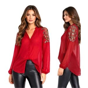 AI Authentic Iconic, Red Sheer Embellished Blouse, Size L